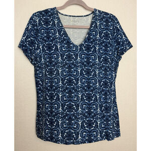Talbots Women's V-Neck Short Sleeve T-Shirt Blue White Pattern Size Large